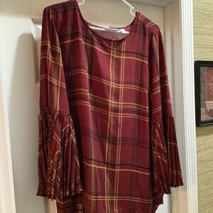 Susan Graver Plaid Printed Woven Top w/ Pleated Sleeves Women Size 10